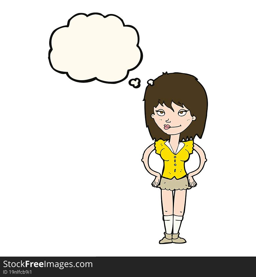 cartoon woman with hands on hips with thought bubble