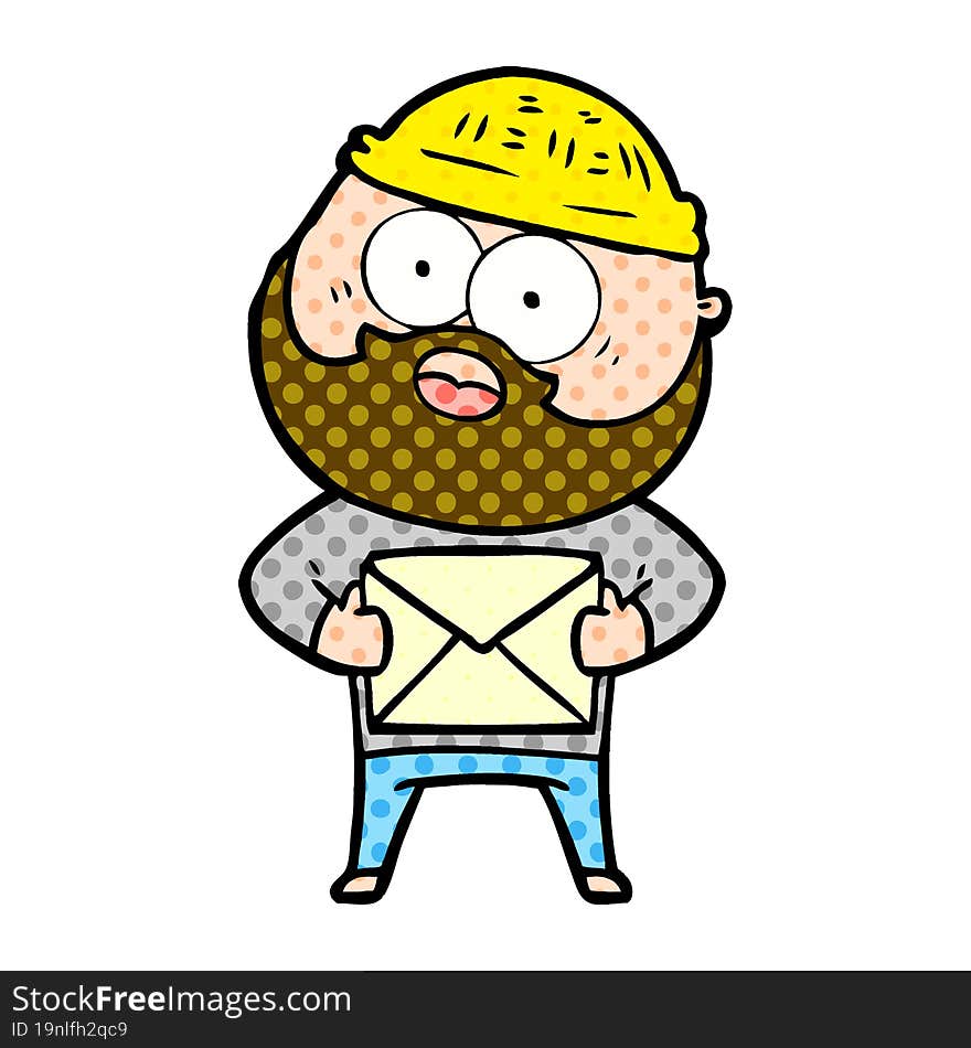 cartoon surprised bearded man holding letter. cartoon surprised bearded man holding letter