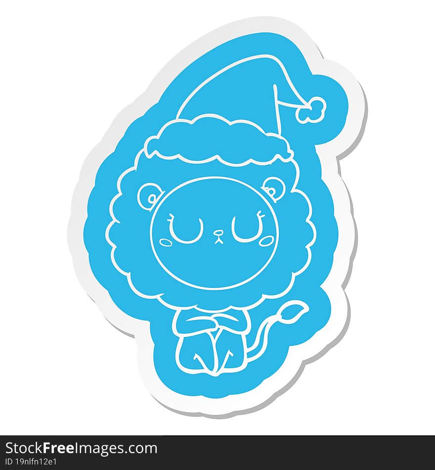 cartoon  sticker of a lion wearing santa hat