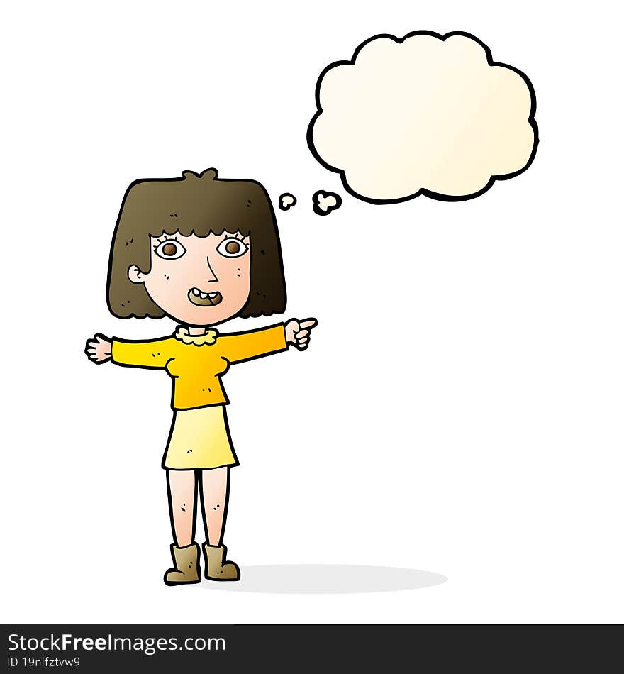 Cartoon Happy Woman Pointing With Thought Bubble