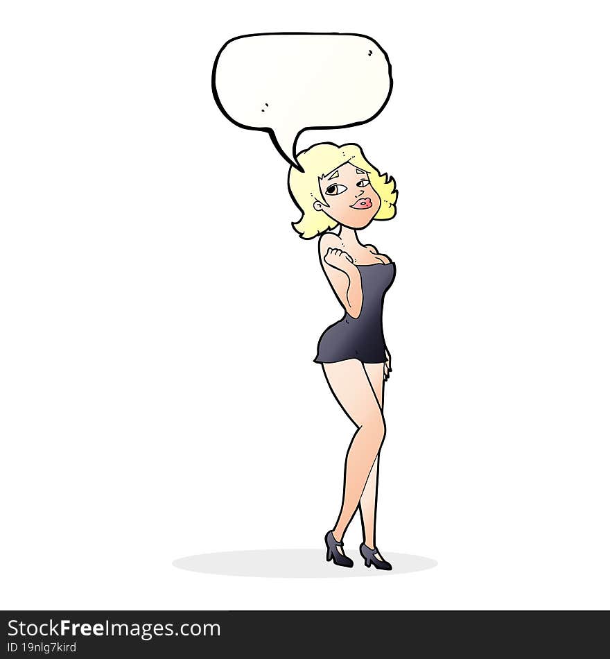 cartoon attractive woman in short dress with speech bubble