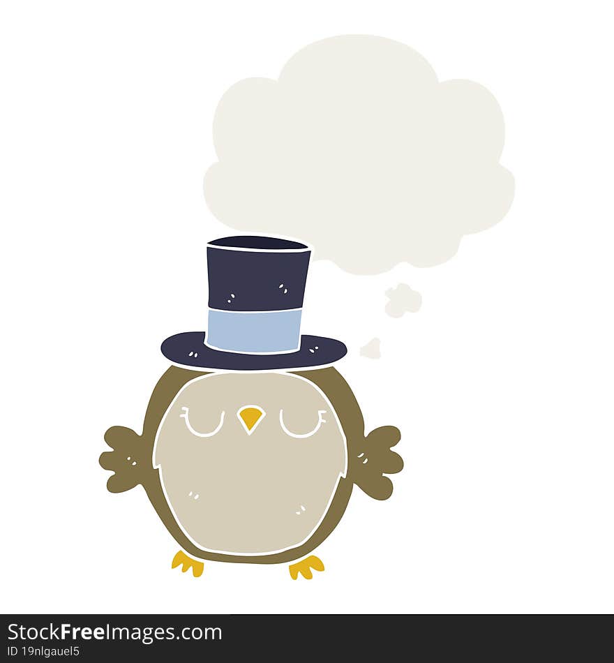 cartoon owl wearing top hat and thought bubble in retro style