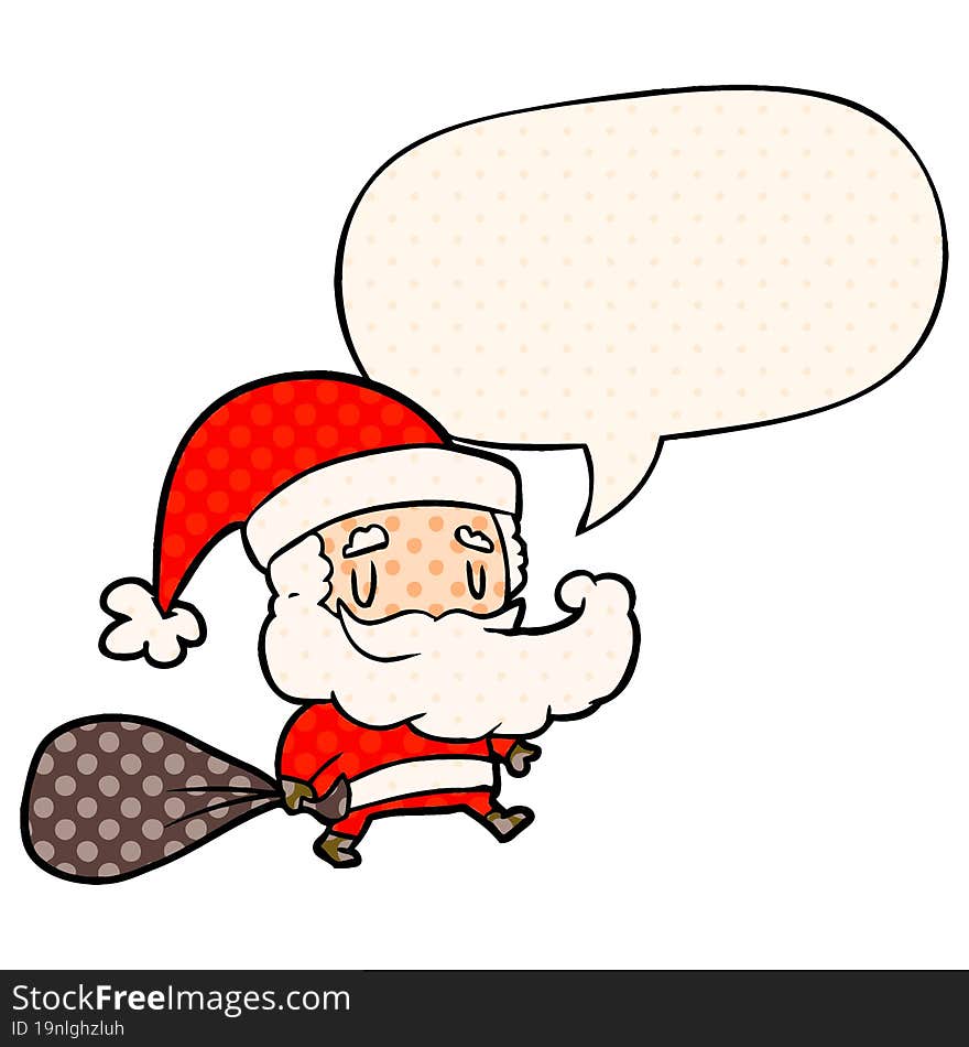 Cartoon Santa Claus Carrying Sack Of Presents And Speech Bubble In Comic Book Style