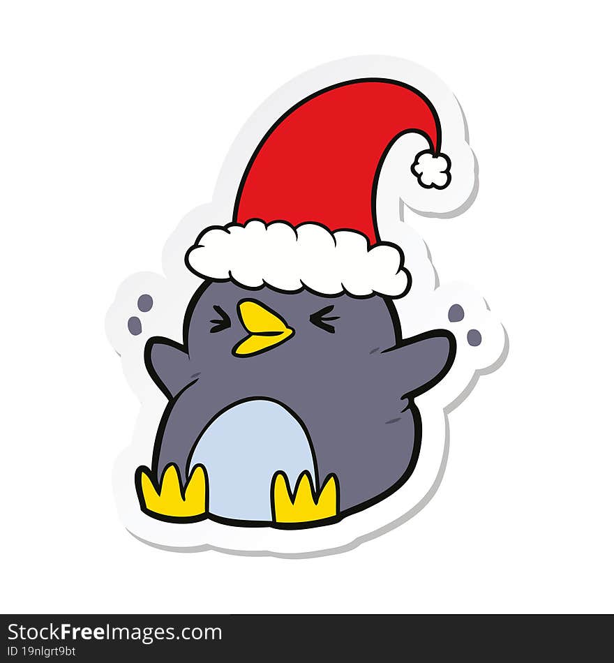 Sticker Of A Cartoon Penguin Wearing Christmas Hat