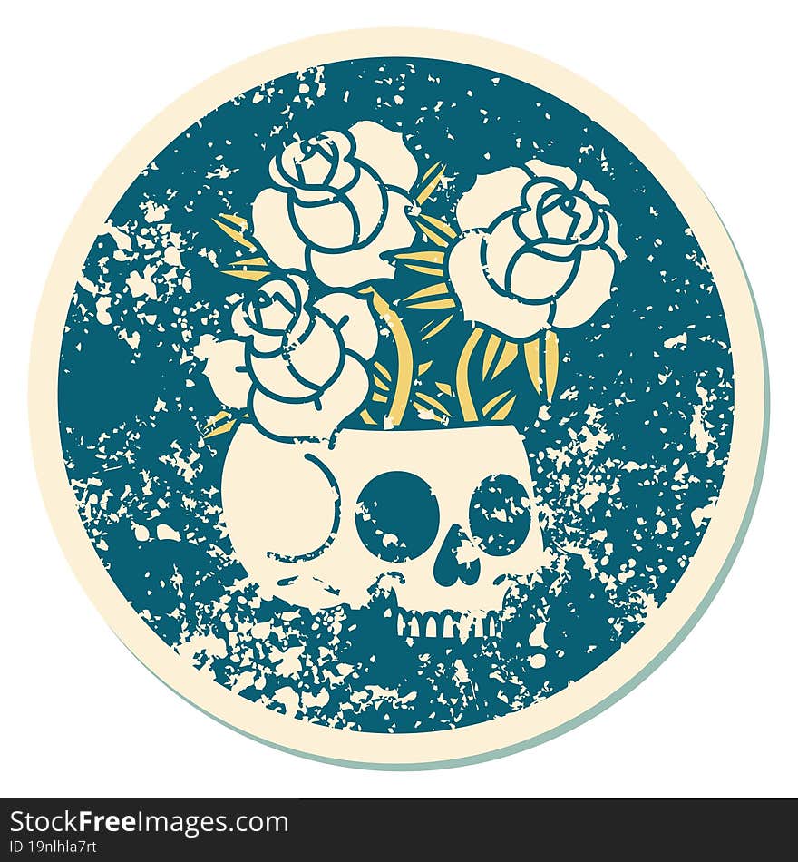 iconic distressed sticker tattoo style image of a skull and roses. iconic distressed sticker tattoo style image of a skull and roses