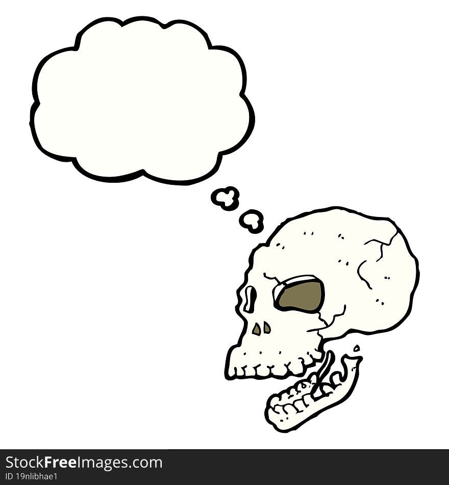 cartoon spooky skull with thought bubble