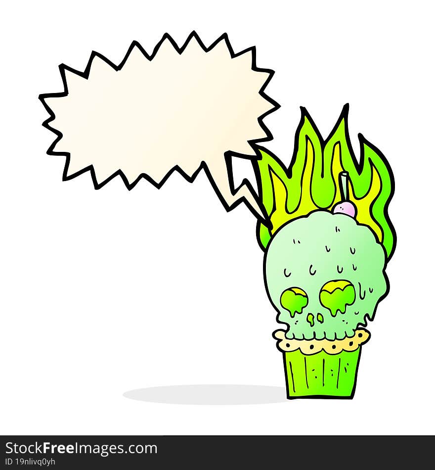 cartoon spooky skull cupcake with speech bubble