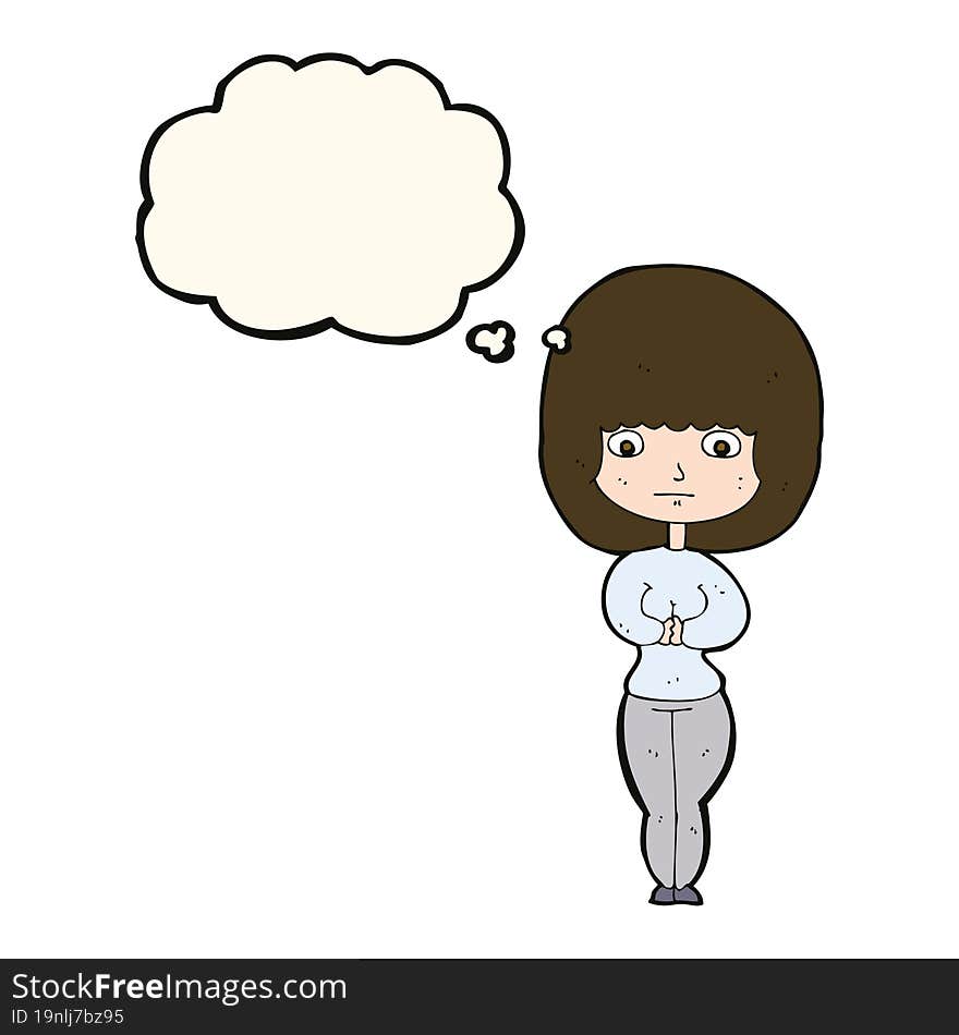 cartoon shy woman with thought bubble