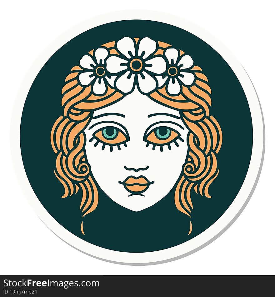 tattoo style sticker of female face with crown of flowers