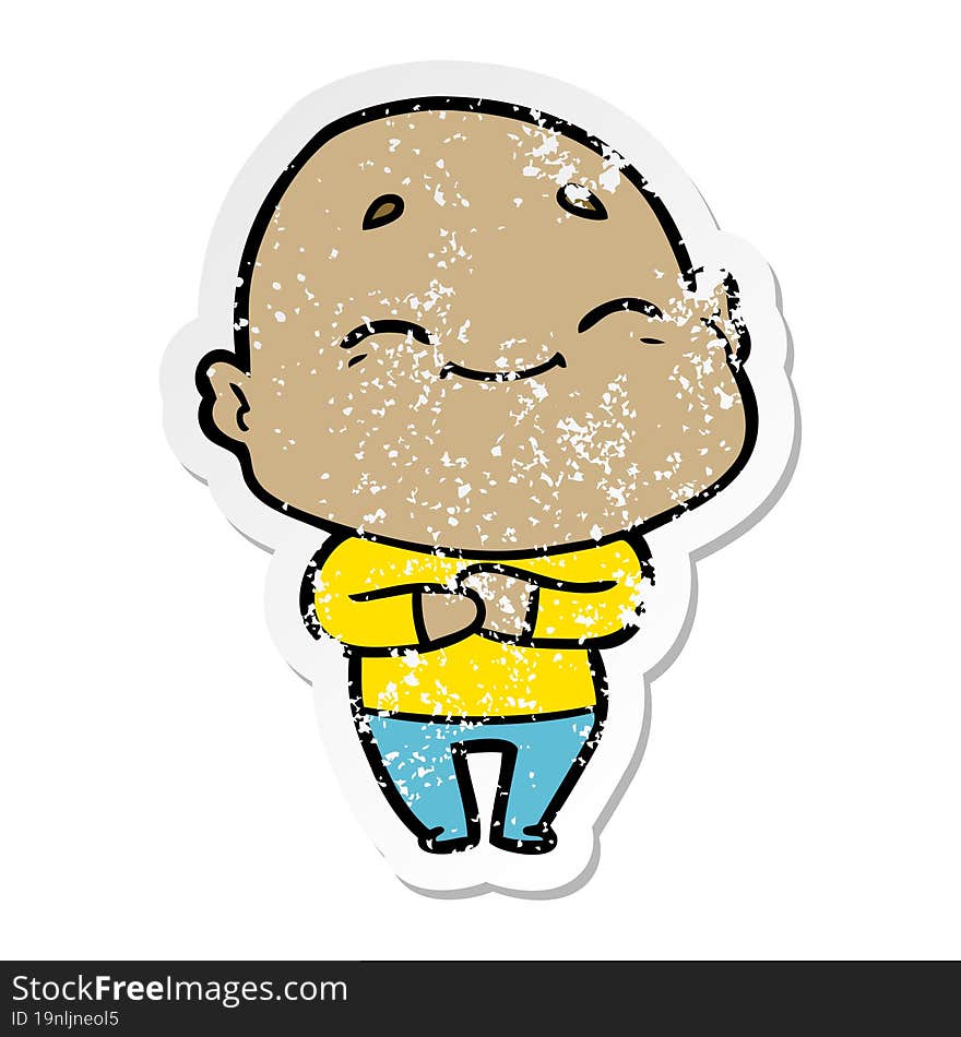 Distressed Sticker Of A Cartoon Happy Bald Man