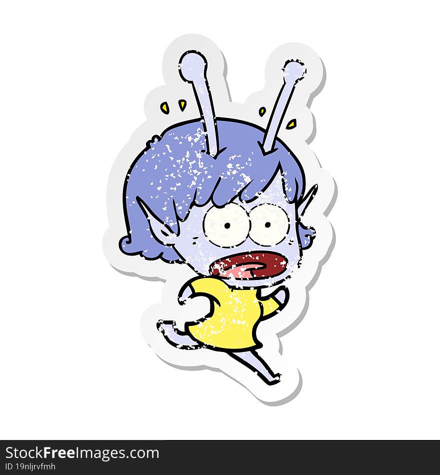 distressed sticker of a cartoon shocked alien girl