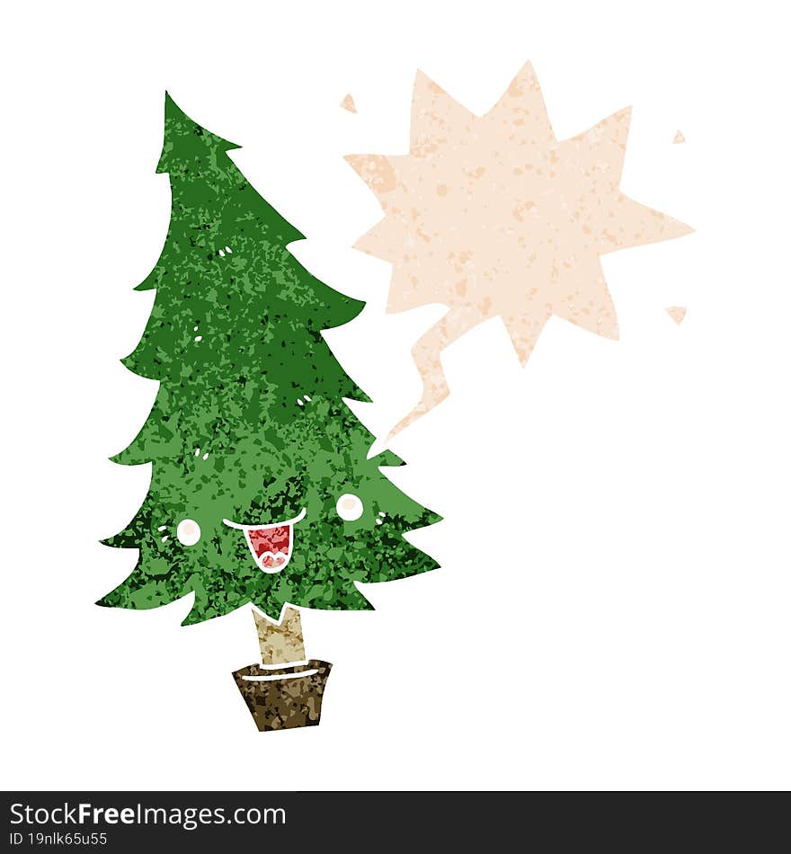 cute cartoon christmas tree and speech bubble in retro textured style