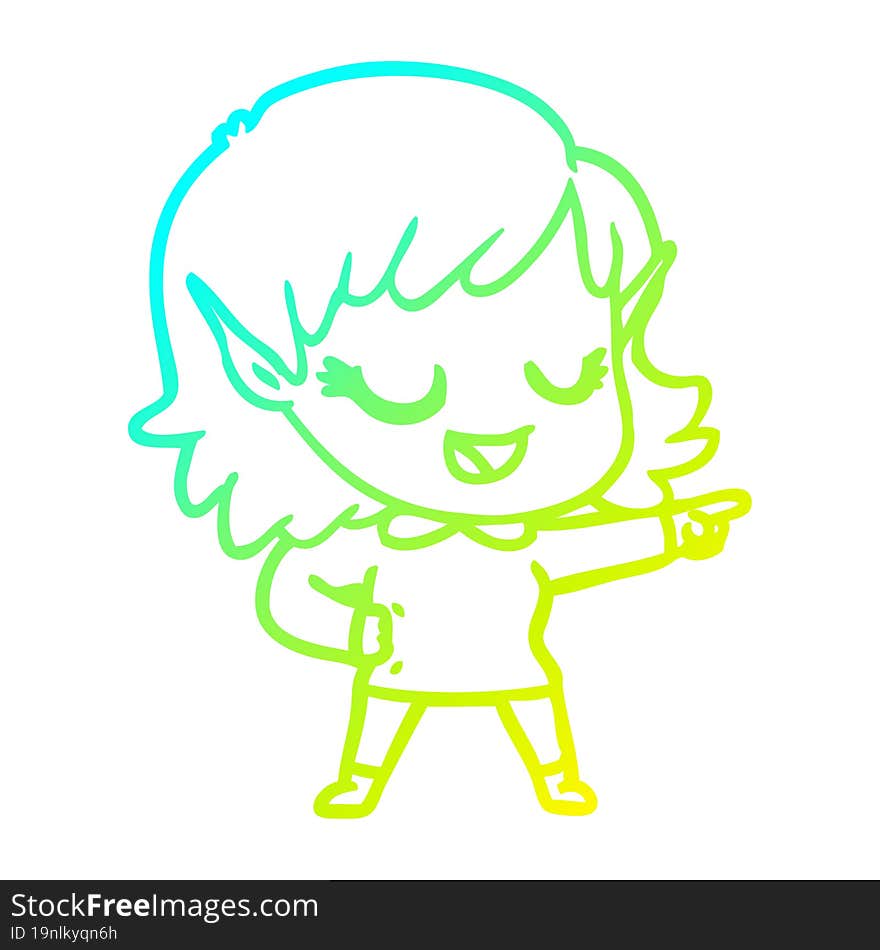 cold gradient line drawing happy cartoon elf girl pointing