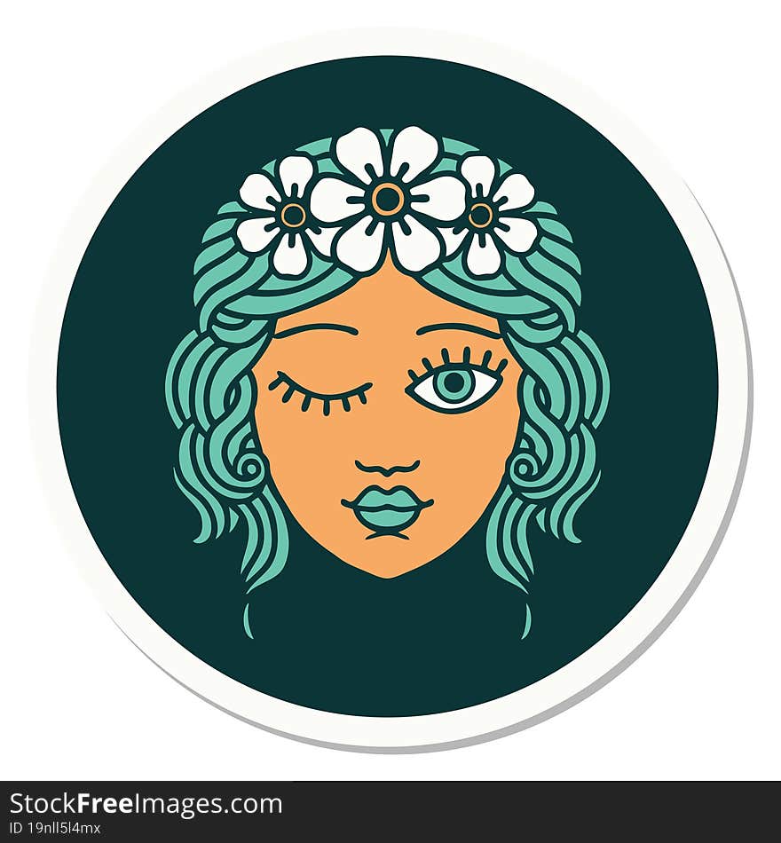 tattoo style sticker of a maidens face winking