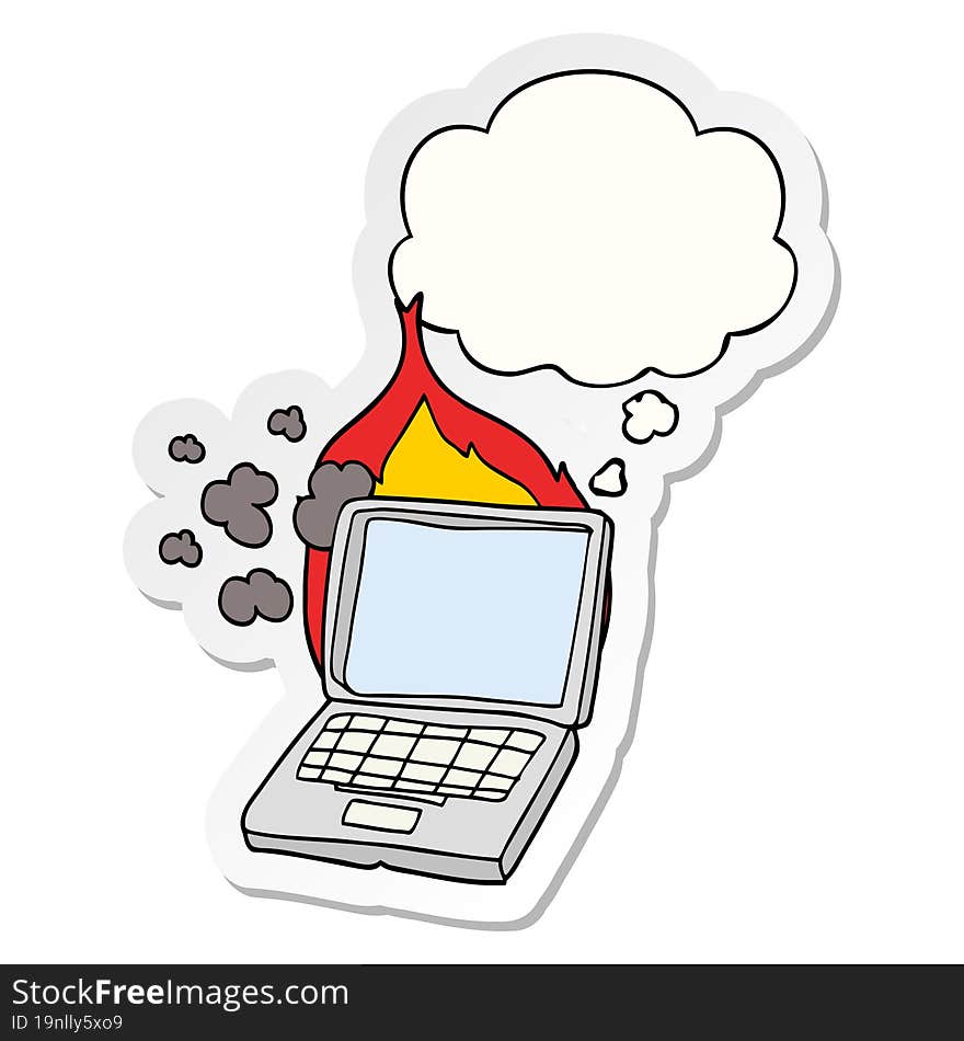 cartoon broken laptop computer with thought bubble as a printed sticker