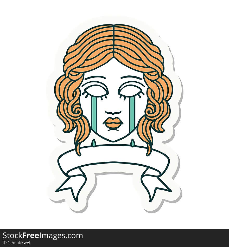 tattoo sticker with banner of female face crying