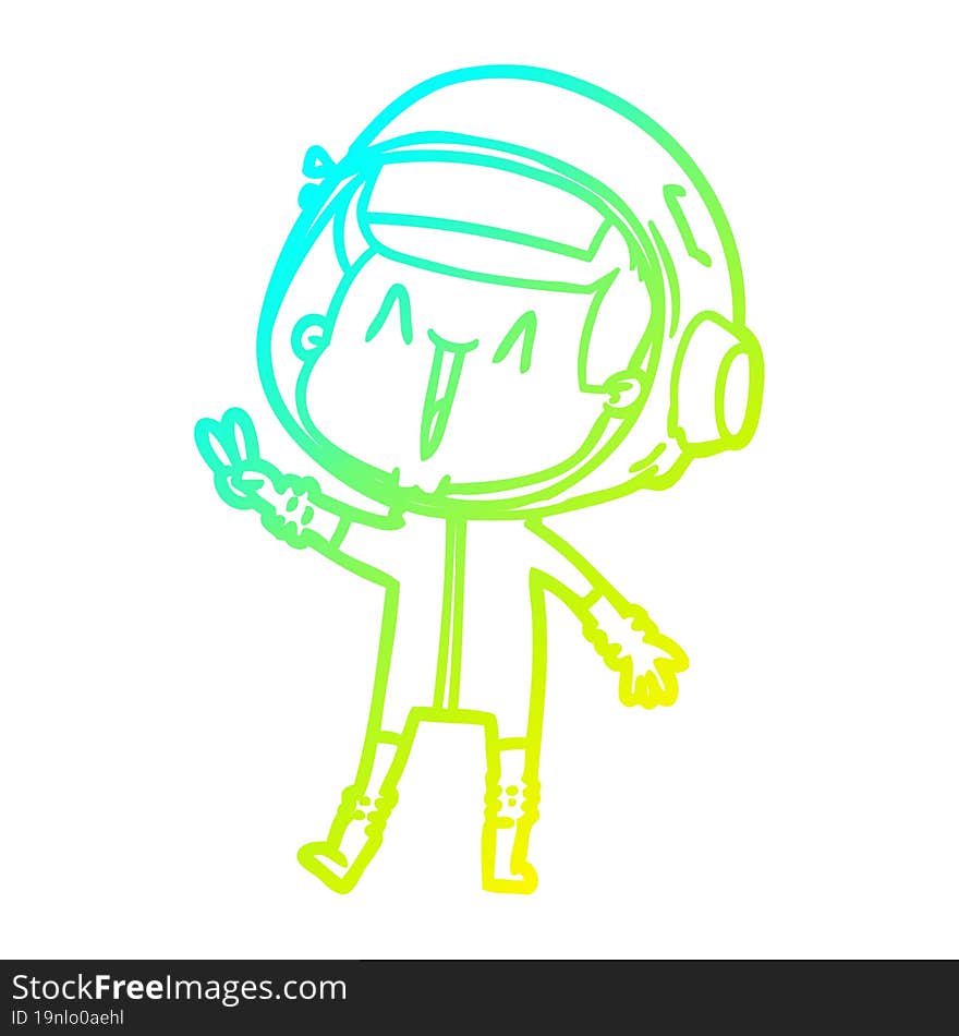 cold gradient line drawing happy cartoon astronaut giving peace sign