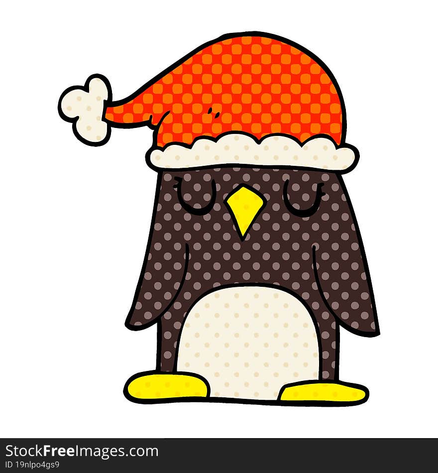 cartoon doodle penguin wearing christmas hat