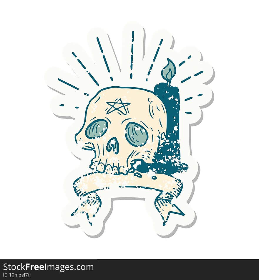 Grunge Sticker Of Tattoo Style Spooky Skull And Candle