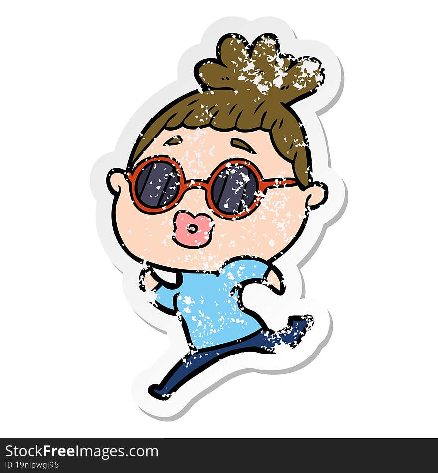 distressed sticker of a cartoon woman running wearing sunglasses