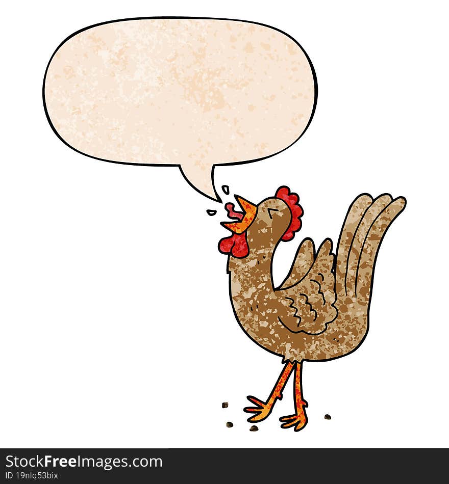 cartoon crowing cockerel and speech bubble in retro texture style