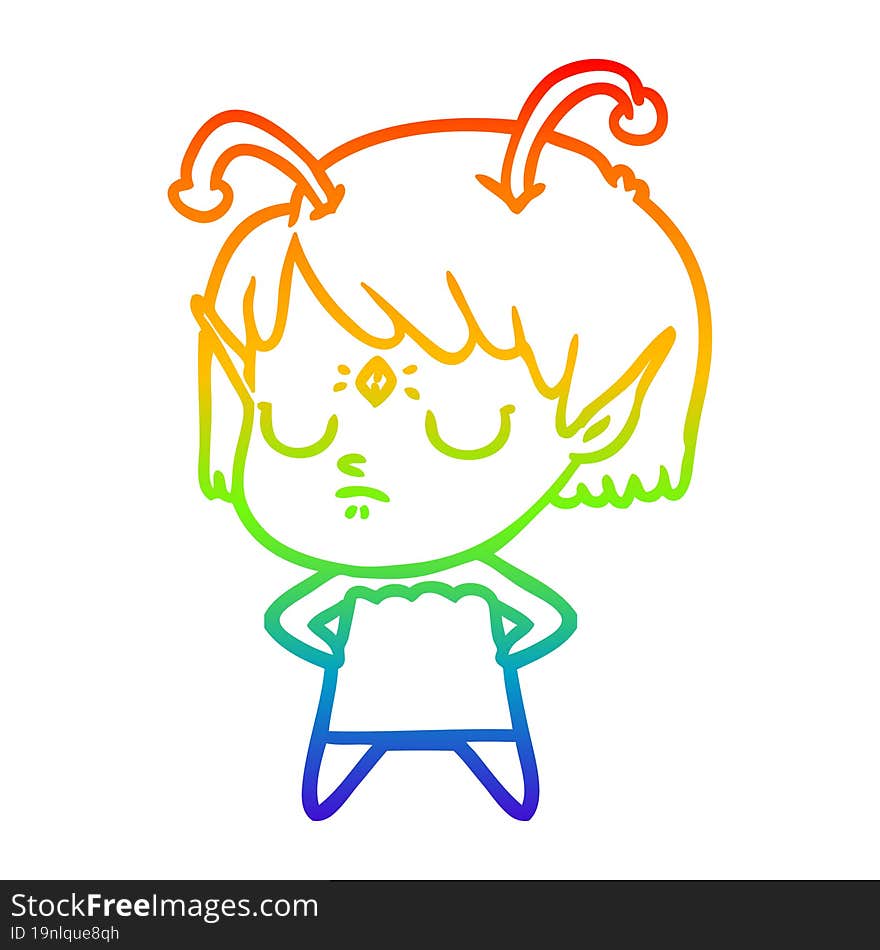 rainbow gradient line drawing of a cartoon alien girl