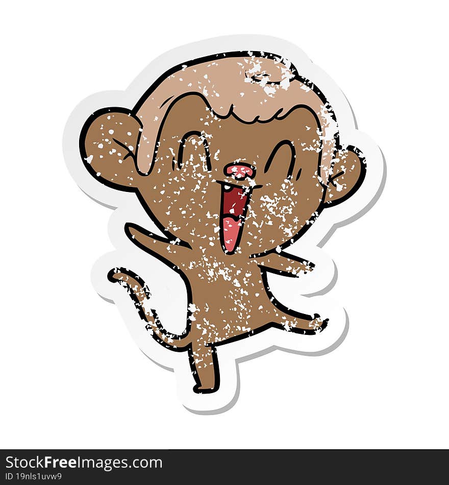 distressed sticker of a cartoon laughing monkey