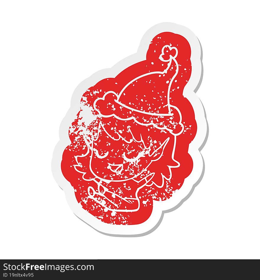 Happy Cartoon Distressed Sticker Of A Elf Girl Sitting Wearing Santa Hat