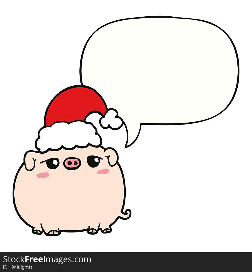 Cartoon Pig Wearing Christmas Hat And Speech Bubble