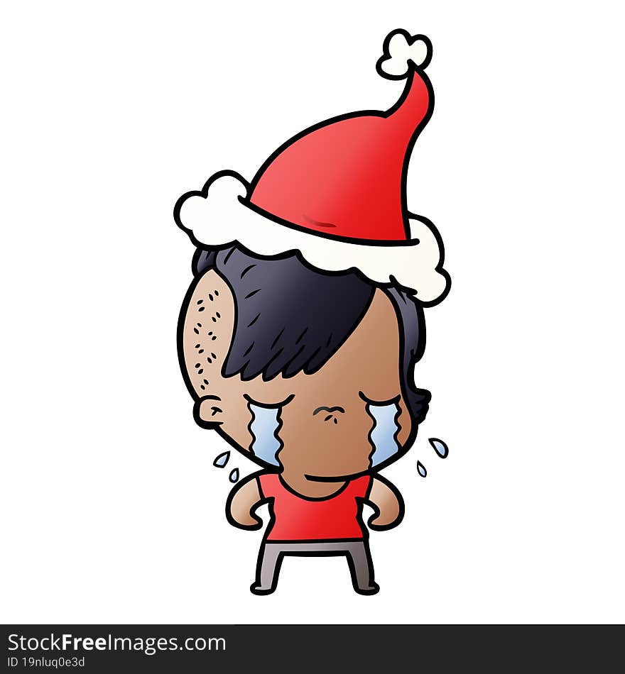 gradient cartoon of a crying girl wearing santa hat