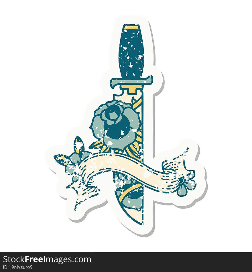 grunge sticker with banner of a dagger and flowers