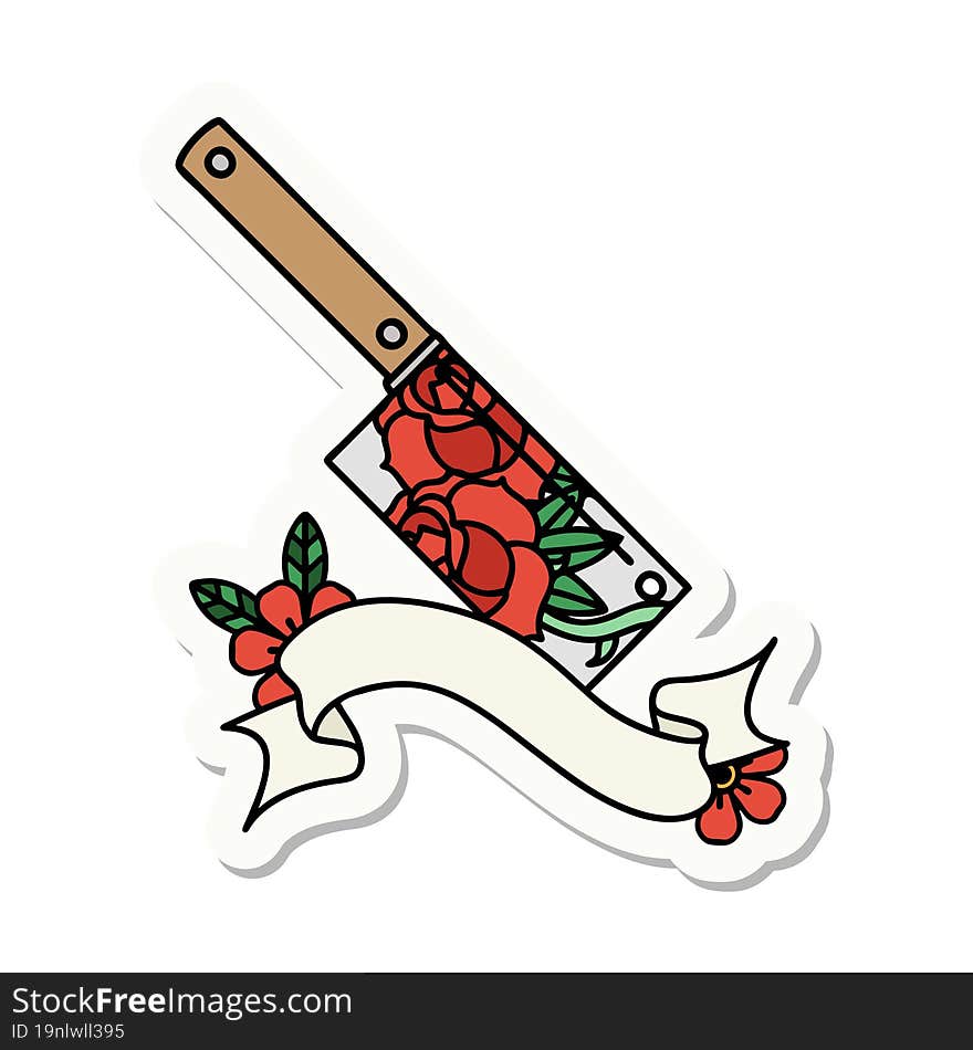 Tattoo Sticker With Banner Of A Cleaver And Flowers