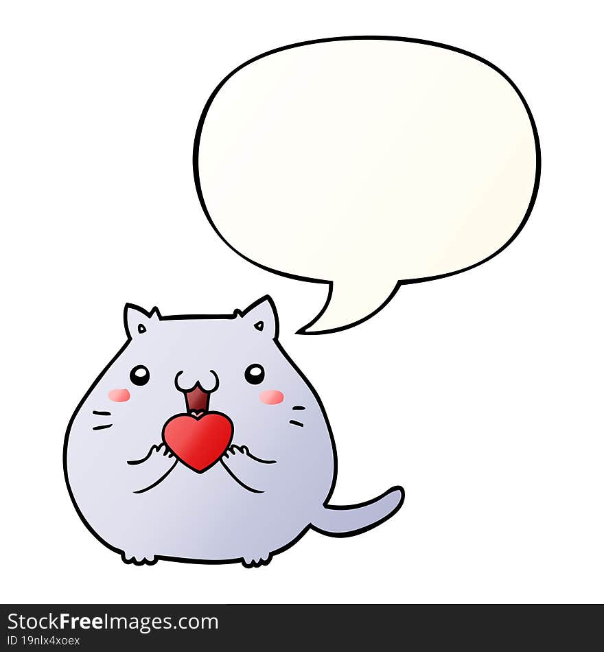 cute cartoon cat in love and speech bubble in smooth gradient style