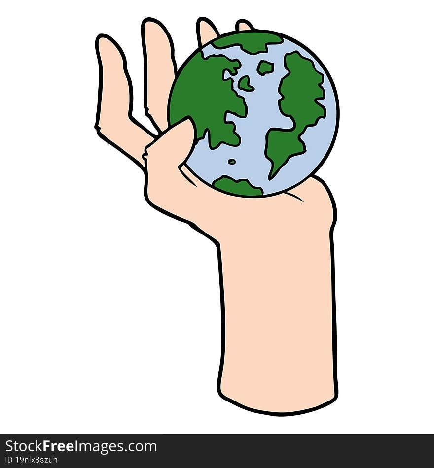 cartoon hand holding whole earth. cartoon hand holding whole earth