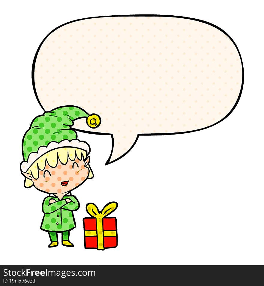 cartoon happy christmas elf and speech bubble in comic book style