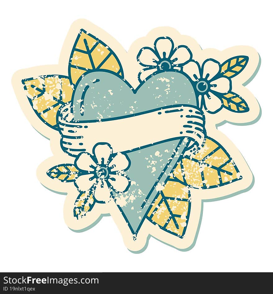 distressed sticker tattoo style icon of a heart and banner