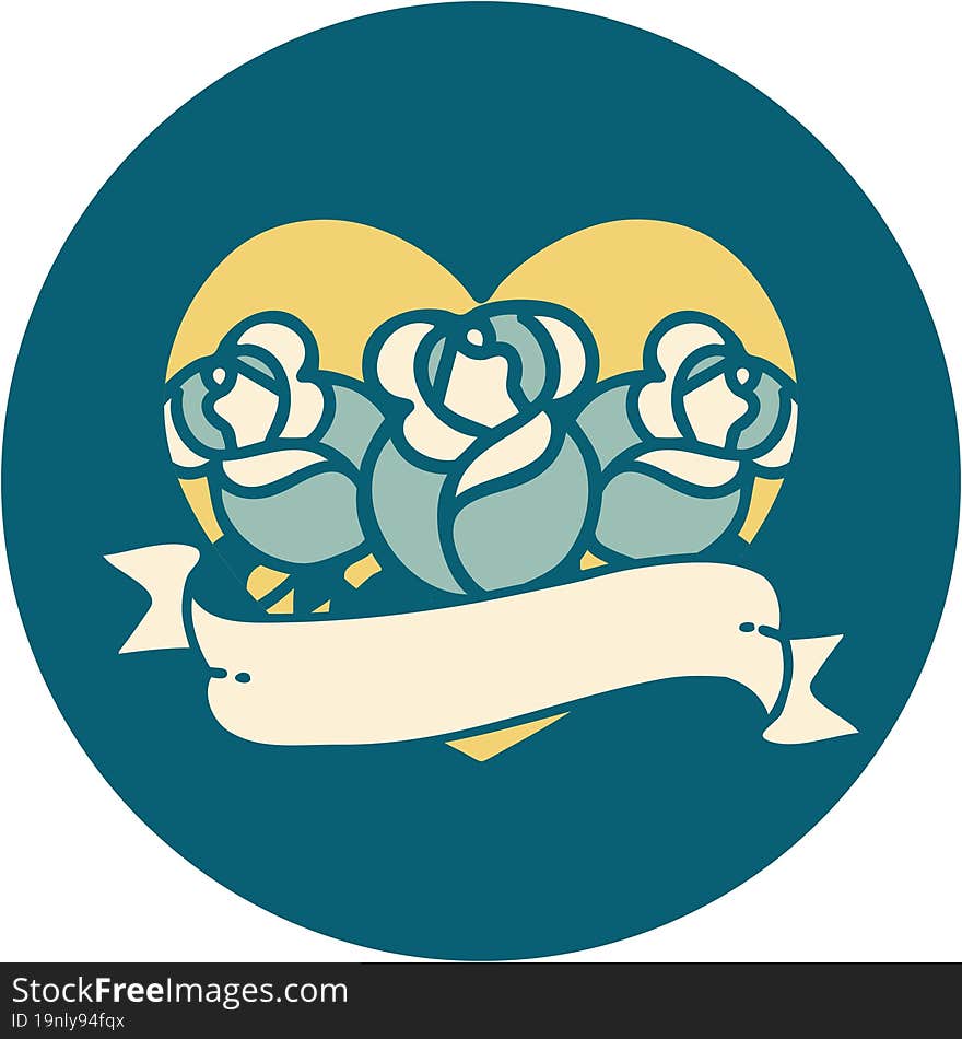 iconic tattoo style image of a heart and banner with flowers. iconic tattoo style image of a heart and banner with flowers