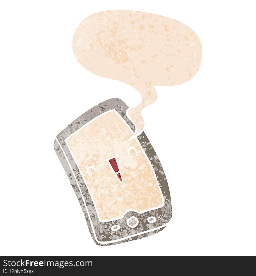 Cute Cartoon Mobile Phone And Speech Bubble In Retro Textured Style