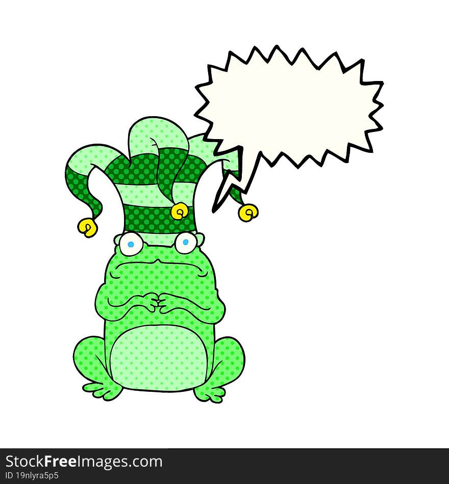 comic book speech bubble cartoon nervous frog wearing jester hat