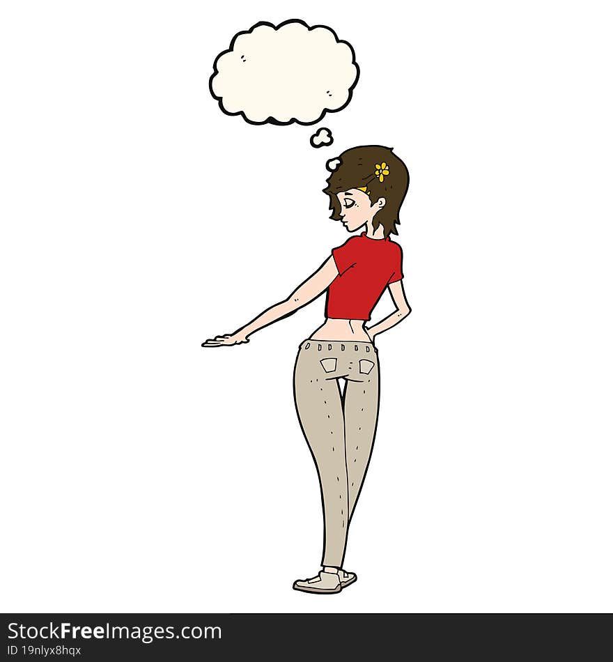 cartoon pretty girl in jeans and tee with thought bubble