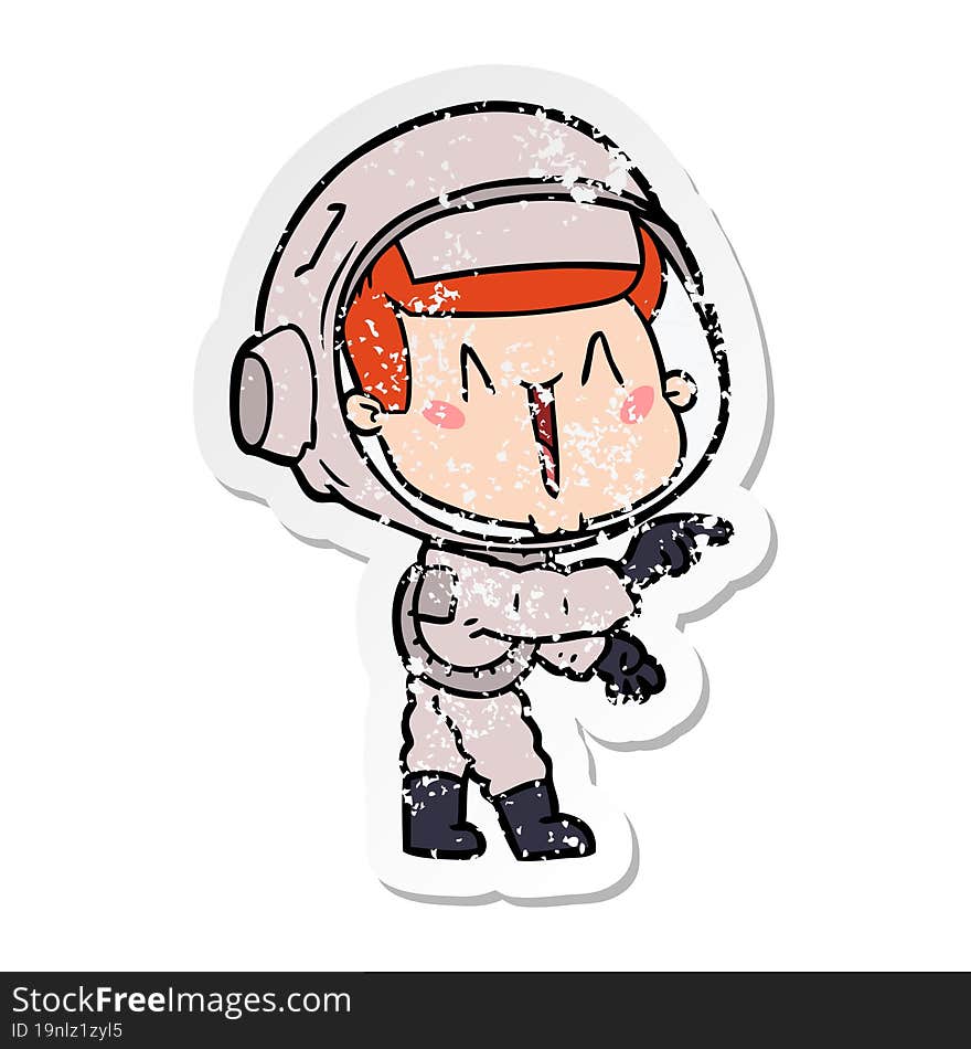 distressed sticker of a happy cartoon astronaut pointing