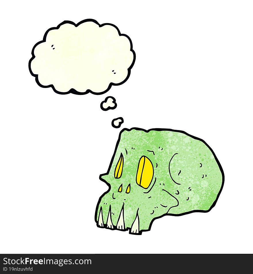 cartoon spooky skull with thought bubble