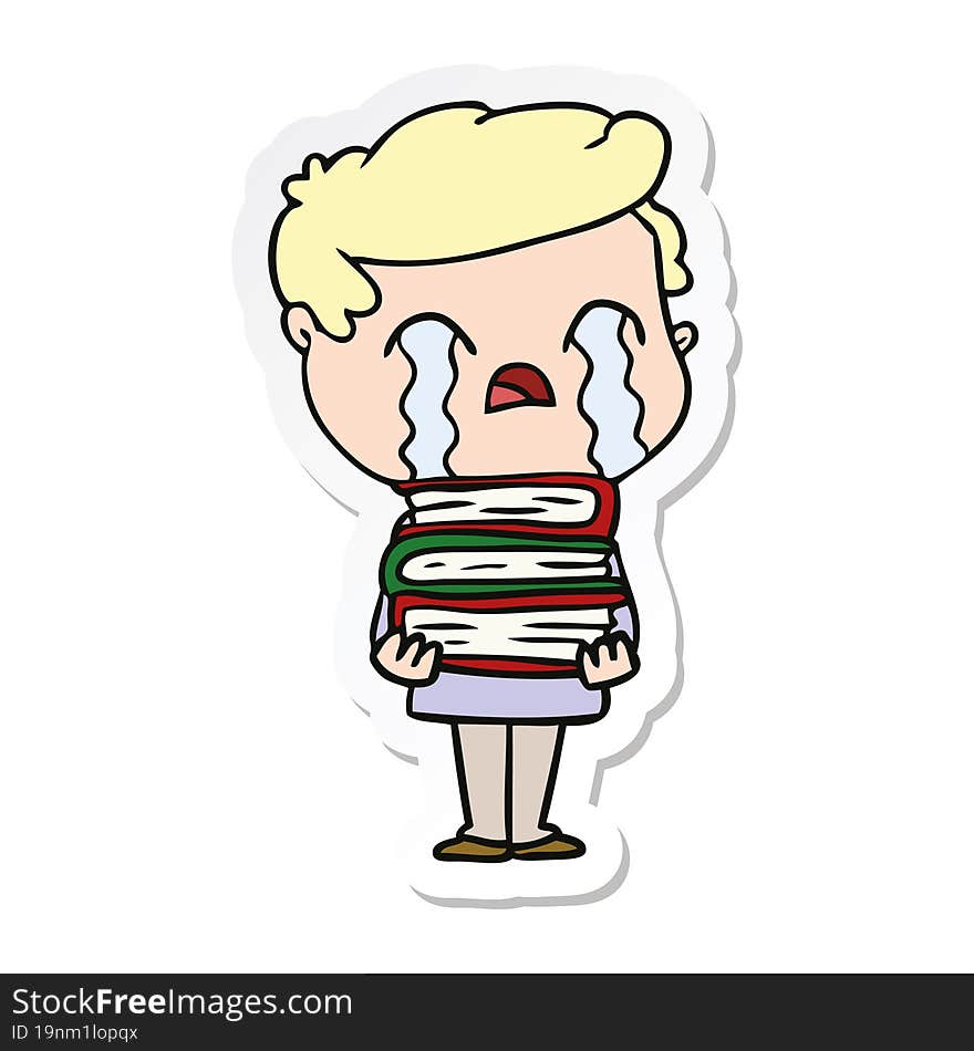 sticker of a cartoon man crying over stack of books