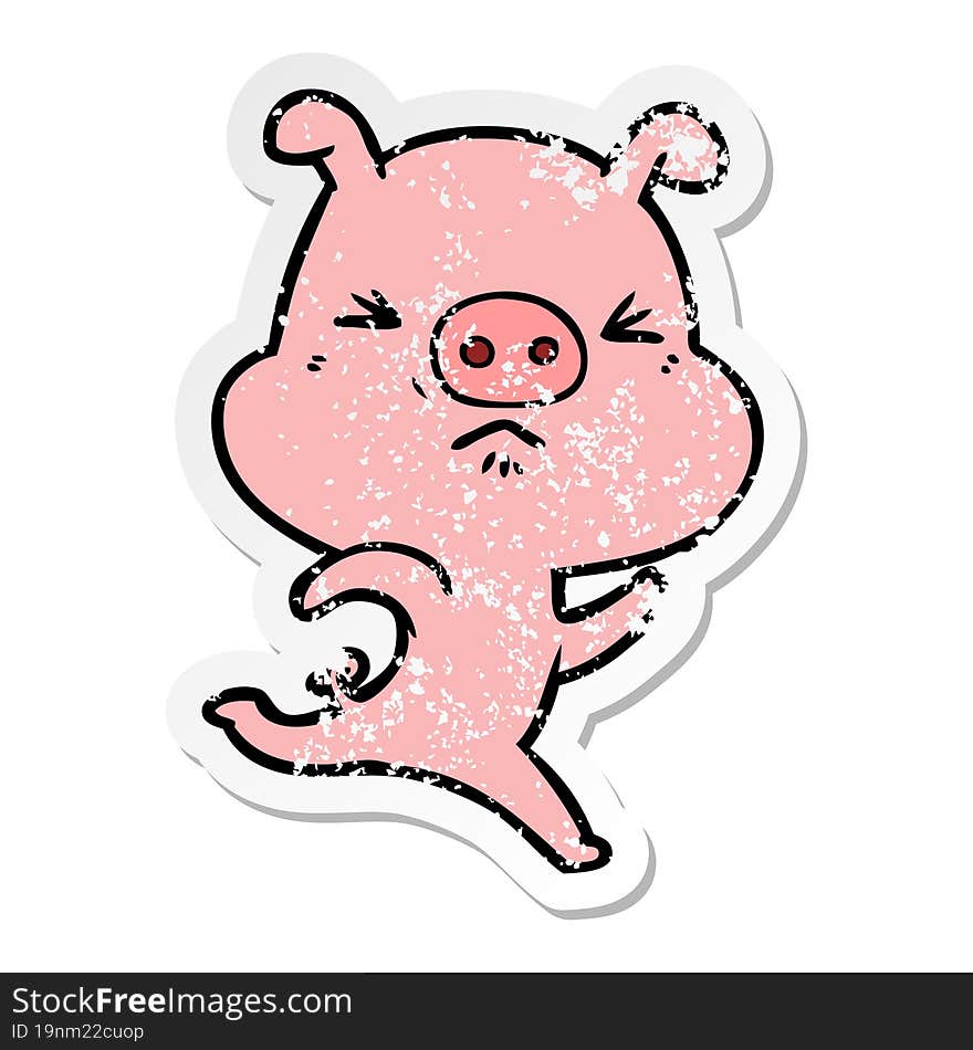 Distressed Sticker Of A Cartoon Annoyed Pig Running