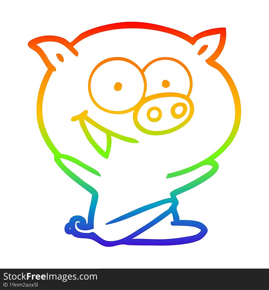 rainbow gradient line drawing of a cheerful sitting pig cartoon