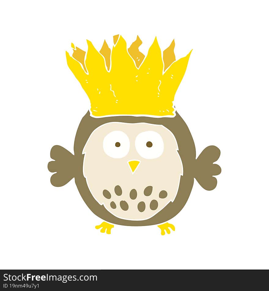 flat color illustration of a cartoon owl wearing paper crown christmas hat