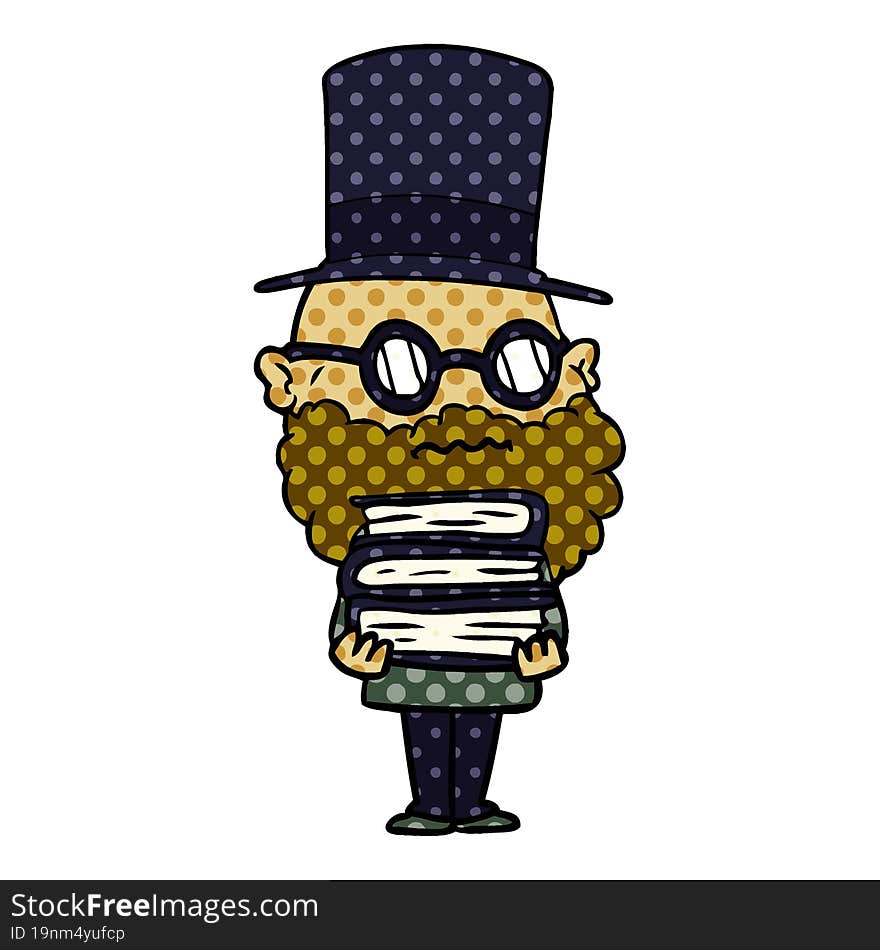 cartoon worried man with beard and stack of books. cartoon worried man with beard and stack of books