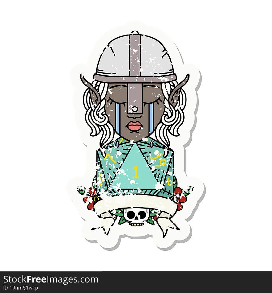 Retro Tattoo Style crying elf fighter character face with natural one D20 roll. Retro Tattoo Style crying elf fighter character face with natural one D20 roll