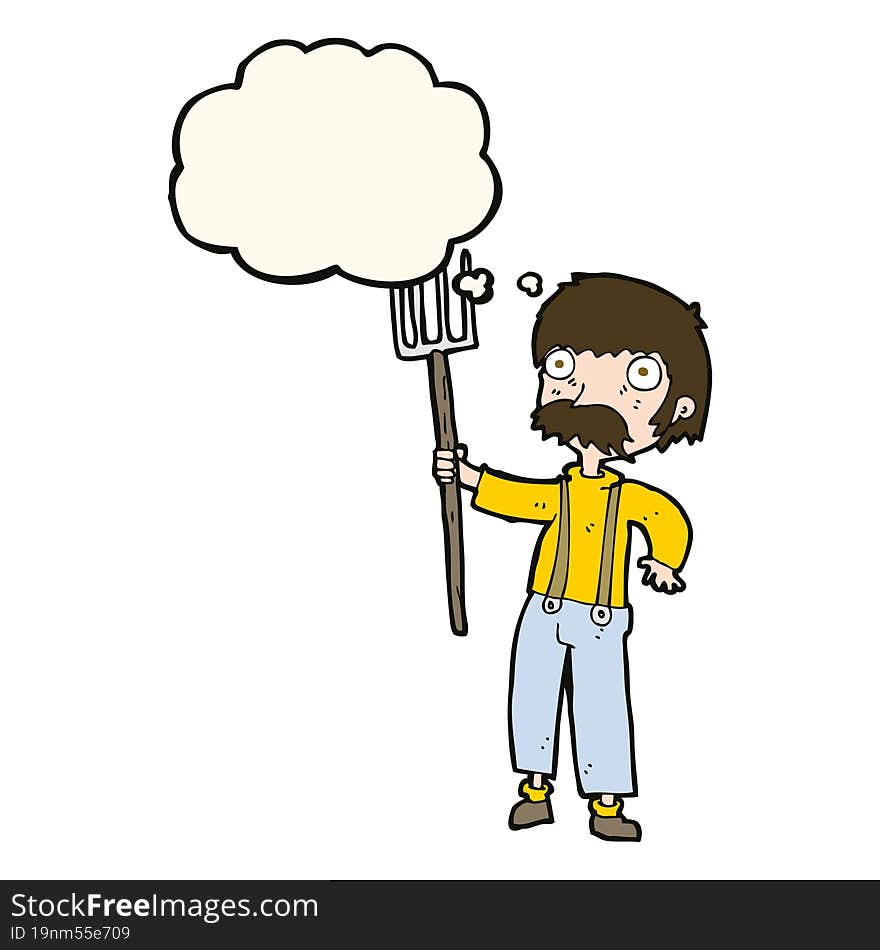 Cartoon Farmer With Pitchfork With Thought Bubble