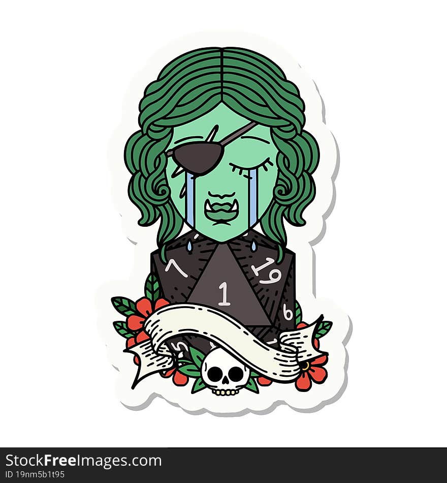 crying orc rogue character face with natural one D20 roll sticker